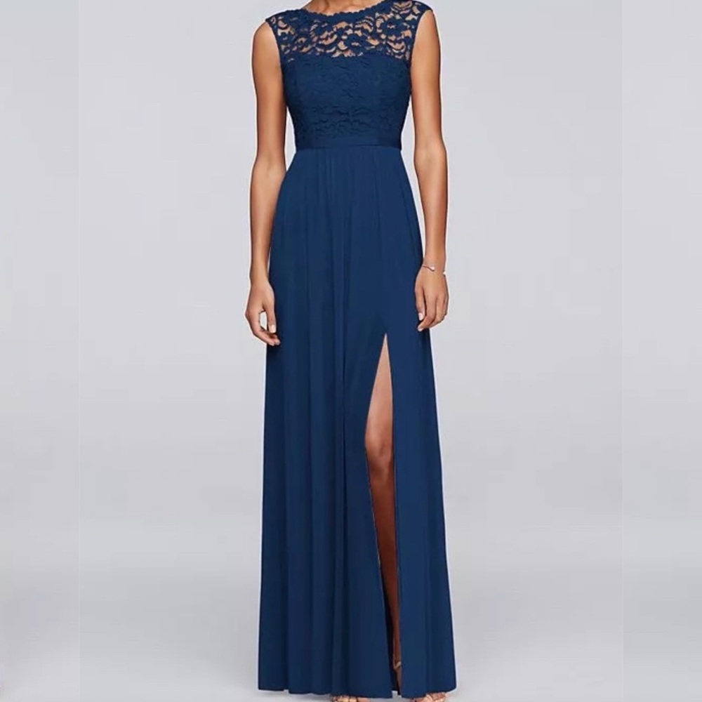 David’s Bridal lace marine navy blue maxi dress